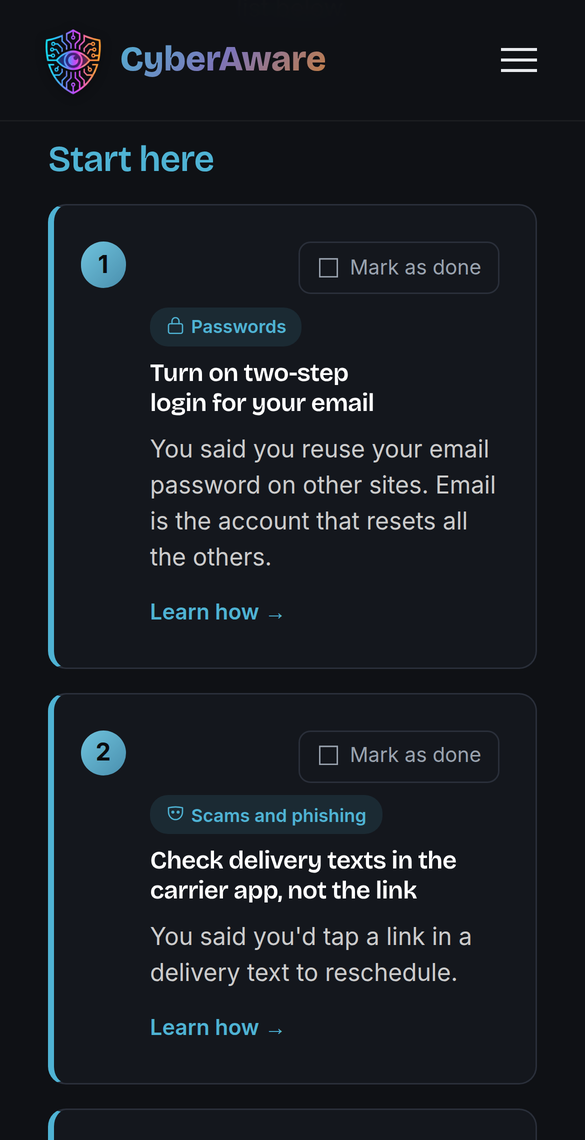 The CyberAware results screen on a phone, showing ranked fixes: turning on two-step login for email, and checking delivery texts in the carrier app.